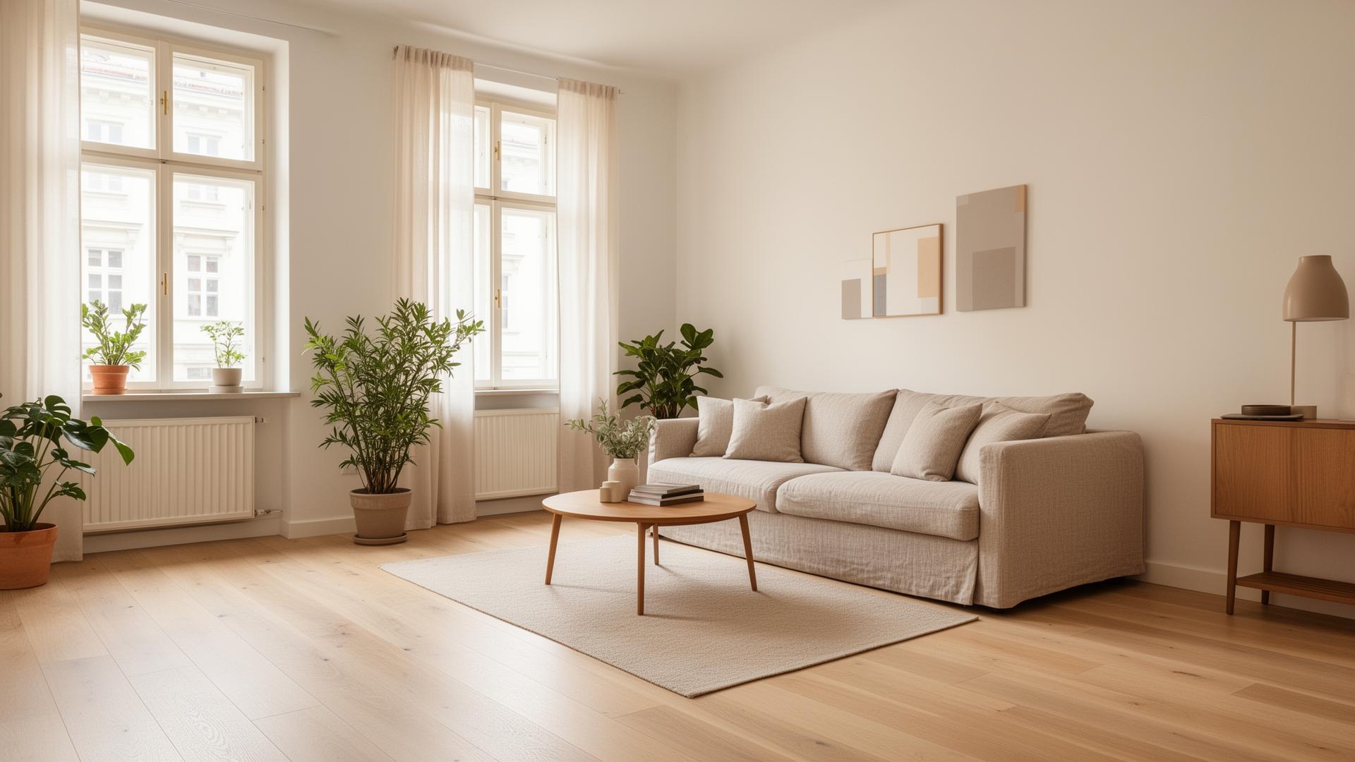 Bright modern Vienna apartment with natural light, comfortable sofa and clean Scandinavian interior
